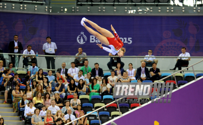 Bakı-2015 Avropa Oyunları çərçivəsində batut gimnastikası üzrə kişilər və qadınlar arasında təsnifat yarışları. Azərbaycan, 17 iyun 2015 